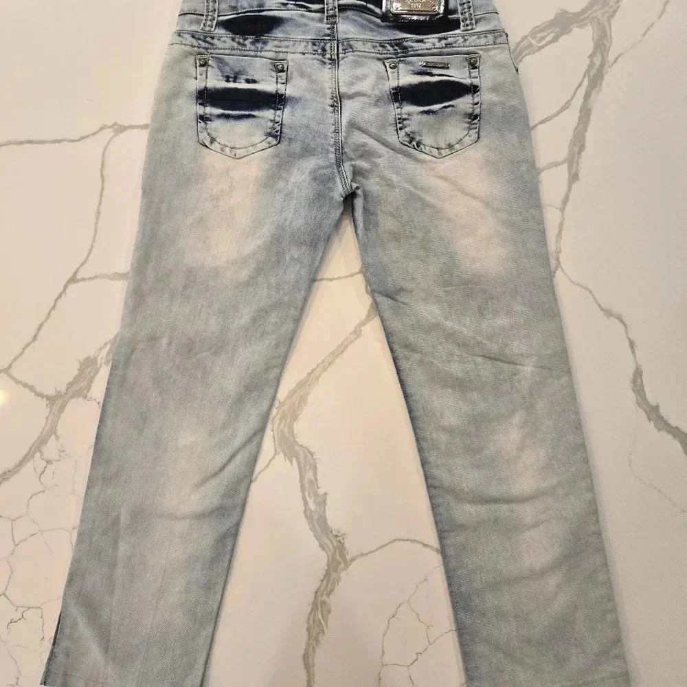 Waggon Paris Abstract Art Low Rise Stretch Straight Leg Jeans Blue Size 29 - Picture 2 of 12